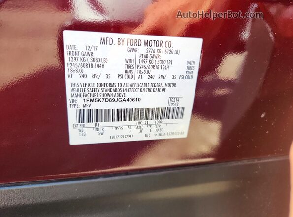 1FM5K7D89JGA40610 2018 FORD EXPLORER Burgundy Widok naklejki z numerem VIN