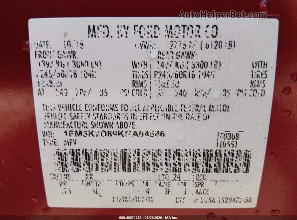 1FM5K7D89KGA04546 2019 FORD EXPLORER Maroon Widok komory silnika