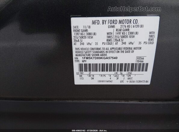 1FM5K7D89KGA57540 2019 FORD EXPLORER Black Widok komory silnika
