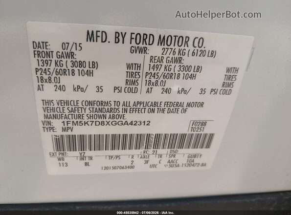 1FM5K7D8XGGA42312 2016 FORD EXPLORER White Engine compartment view
