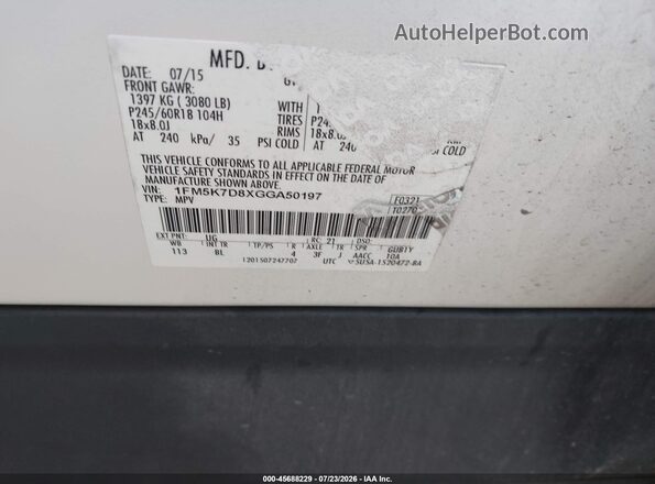 1FM5K7D8XGGA50197 2016 FORD EXPLORER Белый Вид подкапотного пространства