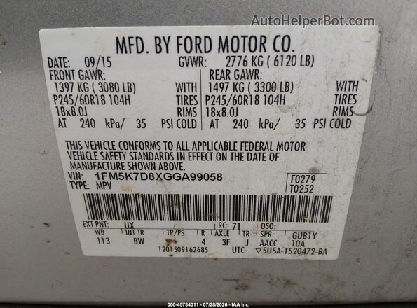 1FM5K7D8XGGA99058 2016 FORD EXPLORER Серебряный Вид подкапотного пространства