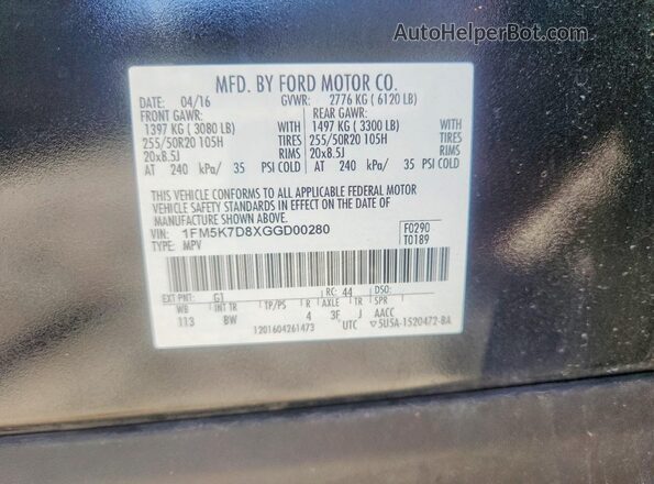 1FM5K7D8XGGD00280 2016 FORD EXPLORER Black Vista de la etiqueta del VIN