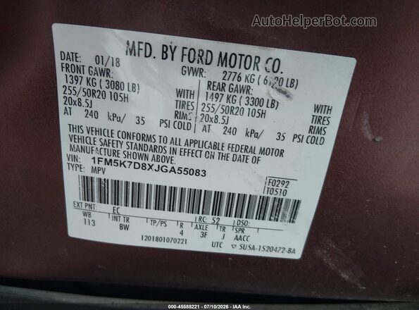 1FM5K7D8XJGA55083 2018 FORD EXPLORER Brown Շարժիչի բաժամունքի տեսք