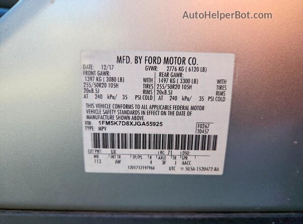 1FM5K7D8XJGA55925 2018 FORD EXPLORER Silver Вид наклейки з VIN-кодом