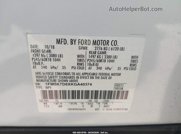 1FM5K7D8XKGA40374 2019 FORD EXPLORER White ძრავის განყოფილების ხედი
