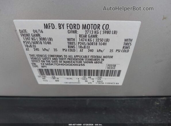 1FM5K7DH0GGD00255 2016 FORD EXPLORER Silver Вид підкапотного простору