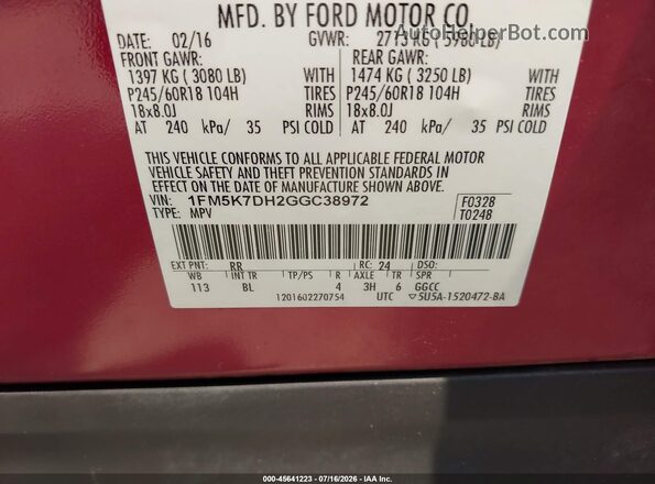 1FM5K7DH2GGC38972 2016 FORD EXPLORER Red Вид підкапотного простору