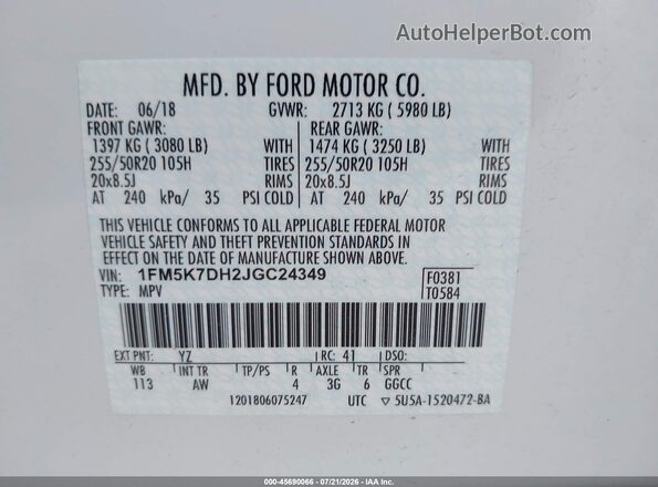 1FM5K7DH2JGC24349 2018 FORD EXPLORER White Widok komory silnika