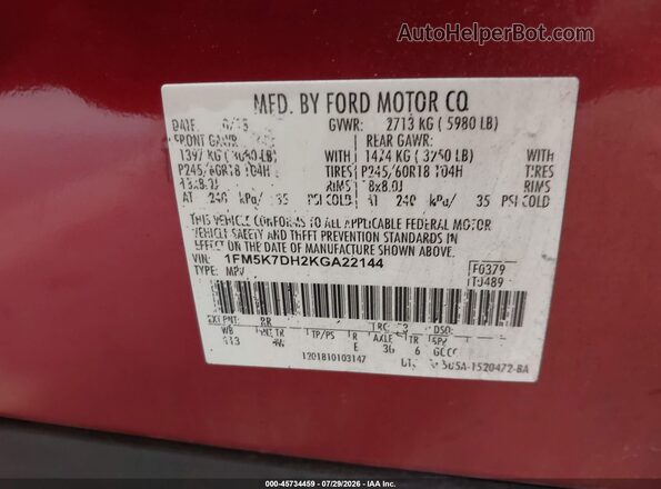 1FM5K7DH2KGA22144 2019 FORD EXPLORER Red Շարժիչի բաժամունքի տեսք