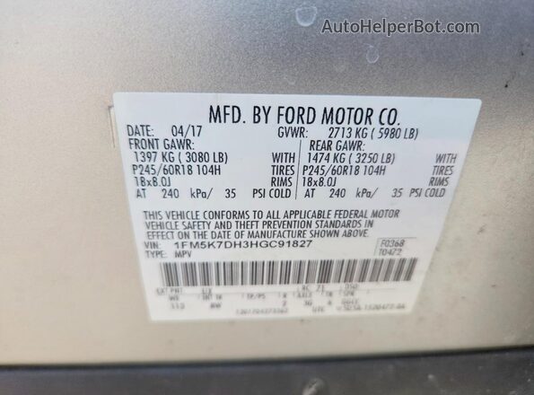 1FM5K7DH3HGC91827 2017 FORD EXPLORER Silver Вид наклейки з VIN-кодом