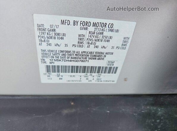 1FM5K7DH4HGD78071 2017 FORD EXPLORER Silver VIN կոդի պիտակի տեսք