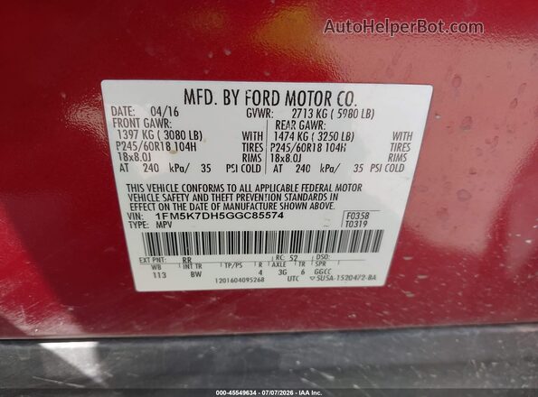 1FM5K7DH5GGC85574 2016 FORD EXPLORER Красный Вид подкапотного пространства