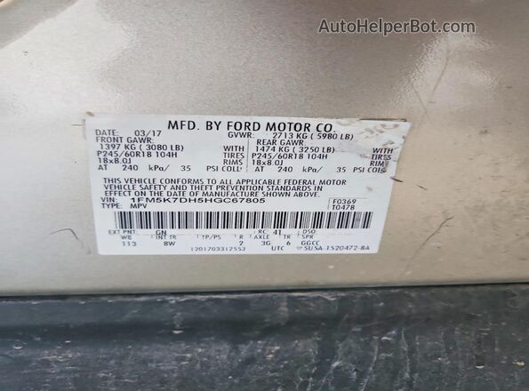 1FM5K7DH5HGC67805 2017 FORD EXPLORER Beige Vista del compartimento del motor