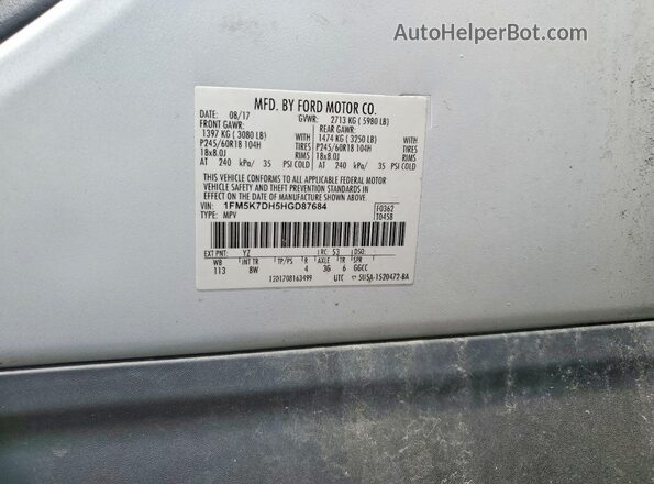 1FM5K7DH5HGD87684 2017 FORD EXPLORER White Vista de la etiqueta del VIN
