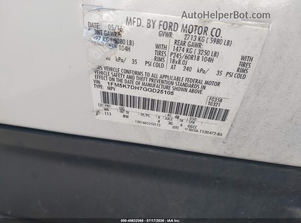 1FM5K7DH7GGD25105 2016 FORD EXPLORER White Vista del compartimento del motor