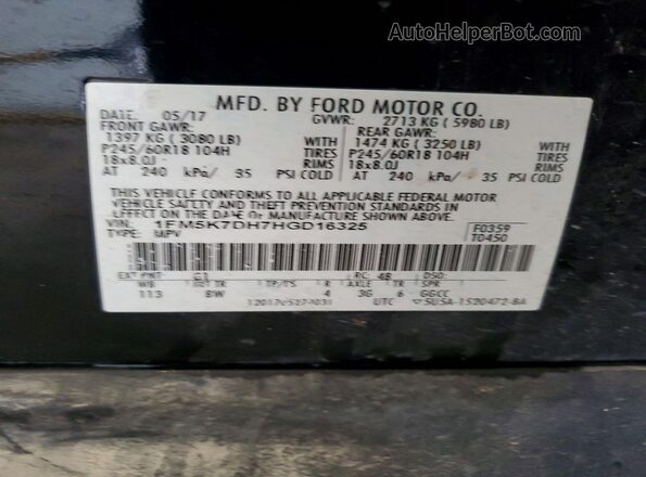 1FM5K7DH7HGD16325 2017 FORD EXPLORER Black Vista de la etiqueta del VIN