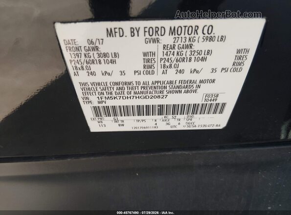 1FM5K7DH7HGD20827 2017 FORD EXPLORER Black Вид підкапотного простору