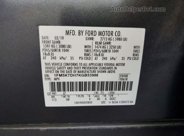 1FM5K7DH7KGB53988 2019 FORD EXPLORER Gray Вид підкапотного простору