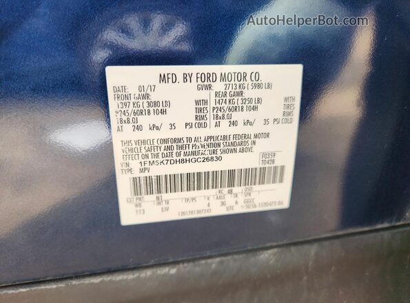 1FM5K7DH8HGC26830 2017 FORD EXPLORER Blue Vista del compartimento del motor