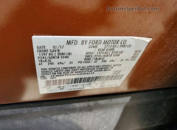 1FM5K7DH9HGD64215 2017 FORD EXPLORER Orange VIN sticker view