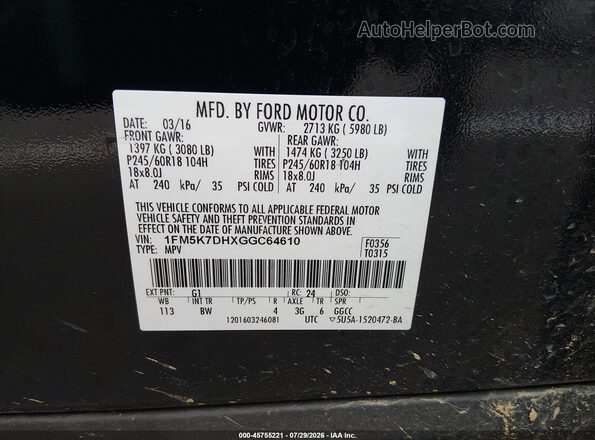 1FM5K7DHXGGC64610 2016 FORD EXPLORER Black ძრავის განყოფილების ხედი