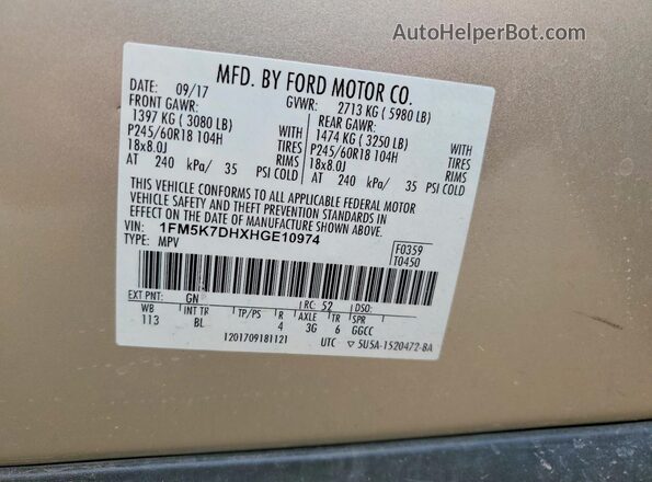 1FM5K7DHXHGE10974 2017 FORD EXPLORER Tan Вид наклейки з VIN-кодом