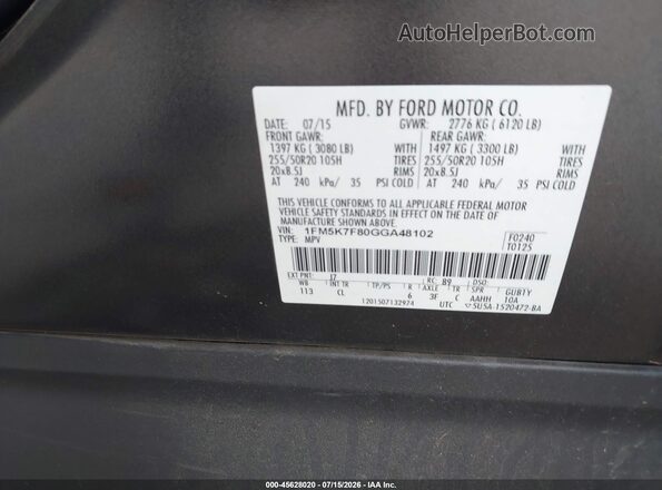 1FM5K7F80GGA48102 2016 FORD EXPLORER Gray ძრავის განყოფილების ხედი
