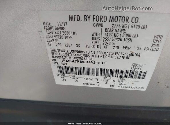 1FM5K7F80JGA21537 2018 FORD EXPLORER Silver Vista del compartimento del motor