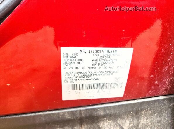1FM5K7F82HGC37495 2017 FORD EXPLORER Red Widok naklejki z numerem VIN