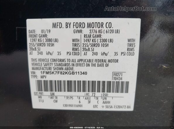 1FM5K7F82KGB11340 2019 FORD EXPLORER Black ძრავის განყოფილების ხედი