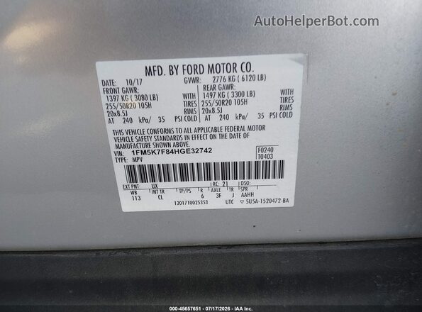 1FM5K7F84HGE32742 2017 FORD EXPLORER Silver Вид підкапотного простору