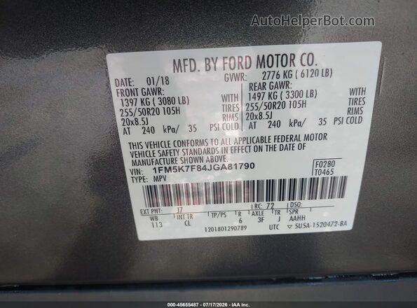 1FM5K7F84JGA81790 2018 FORD EXPLORER Gray Vista del compartimento del motor
