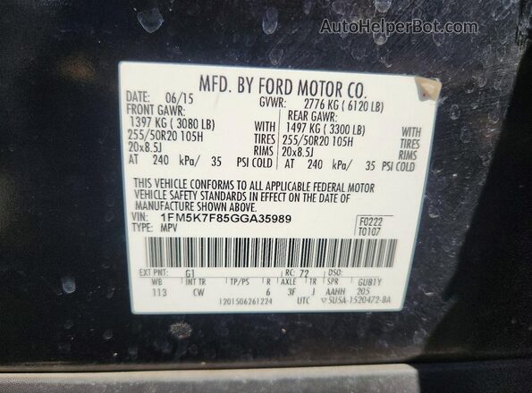 1FM5K7F85GGA35989 2016 FORD EXPLORER Black Vista de la etiqueta del VIN