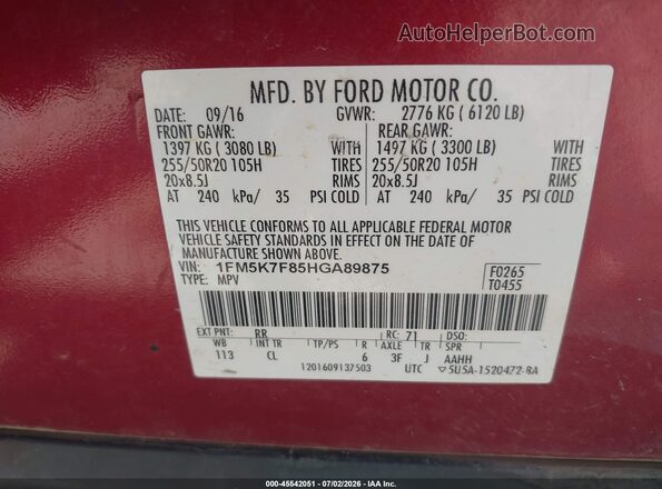 1FM5K7F85HGA89875 2017 FORD EXPLORER Maroon Вид підкапотного простору