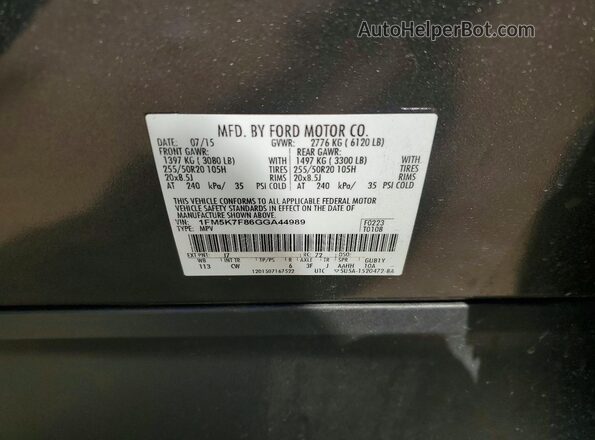 1FM5K7F86GGA44989 2016 FORD EXPLORER Charcoal VIN კოდის სტიკერის ხედი