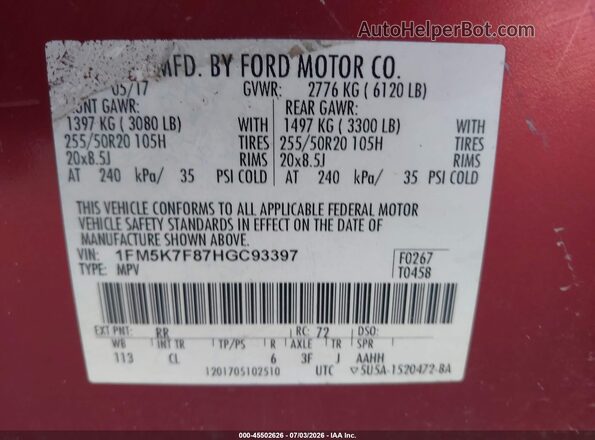 1FM5K7F87HGC93397 2017 FORD EXPLORER Red Widok komory silnika