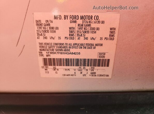 1FM5K7F8XHGA84235 2017 FORD EXPLORER White Widok naklejki z numerem VIN