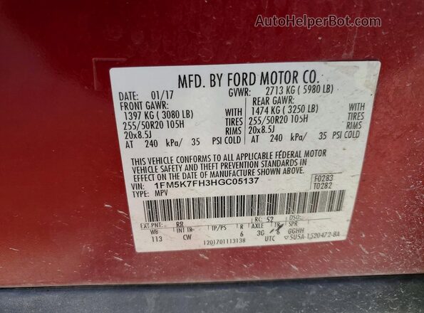 1FM5K7FH3HGC05137 2017 FORD EXPLORER Burgundy Vista de la etiqueta del VIN