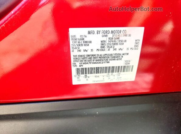 1FM5K7FH4GGC21796 2016 FORD EXPLORER Burgundy VIN sticker view