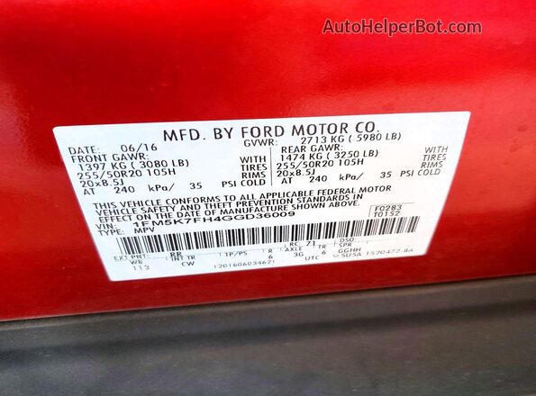 1FM5K7FH4GGD36009 2016 FORD EXPLORER Red Vista de la etiqueta del VIN
