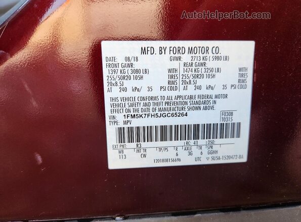 1FM5K7FH5JGC65264 2018 FORD EXPLORER Maroon VIN կոդի պիտակի տեսք