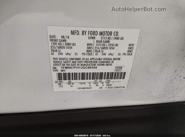 1FM5K7FH7JGC85354 2018 FORD EXPLORER White Widok komory silnika