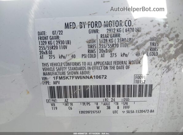1FM5K7FW6NNA10672 2022 FORD EXPLORER White ძრავის განყოფილების ხედი