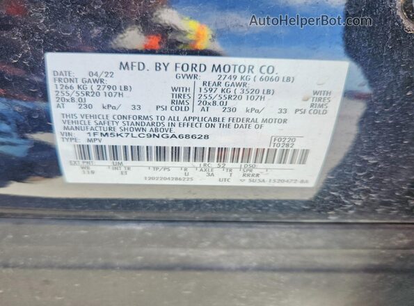 1FM5K7LC9NGA68628 2022 FORD EXPLORER Черный Панорамный вид салона 360°