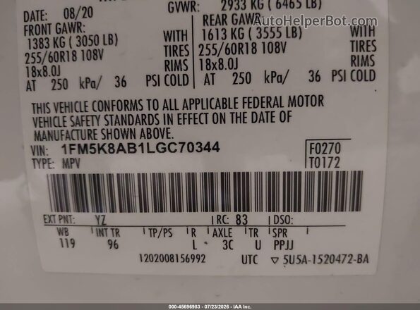 1FM5K8AB1LGC70344 2020 FORD POLICE INTERCEPTOR Black ძრავის განყოფილების ხედი