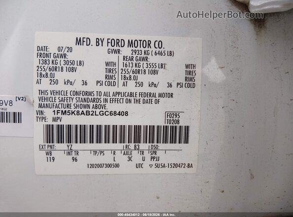 1FM5K8AB2LGC68408 2020 FORD POLICE INTERCEPTOR White Շարժիչի բաժամունքի տեսք