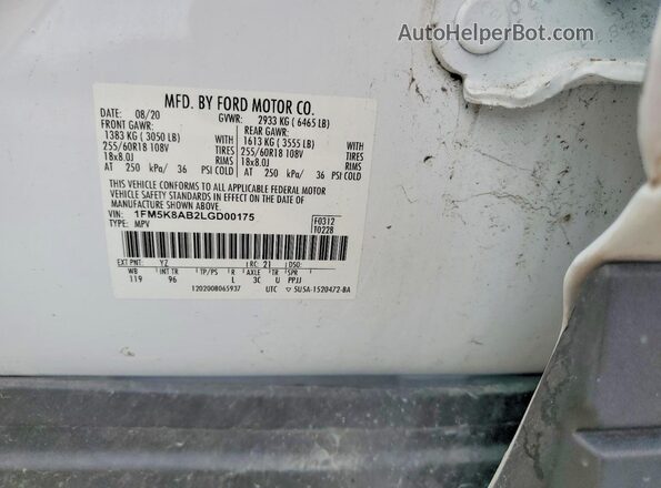 1FM5K8AB2LGD00175 2020 FORD EXPLORER White Вид наклейки з VIN-кодом
