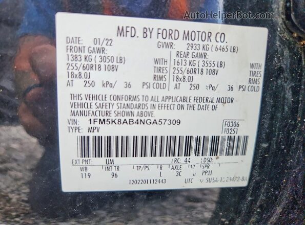 1FM5K8AB4NGA57309 2022 FORD EXPLORER Black 360 interior view