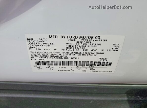 1FM5K8AB5LGD18721 2020 FORD EXPLORER White Widok wnętrza 360 stopni